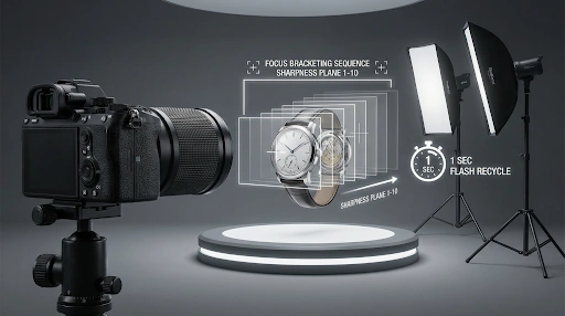 camera‑driven focus bracketing with flash pauses